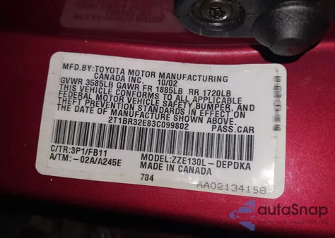 2003 Toyota Corolla Ce z USA, uszkodzony, nr VIN 2T1BR32E83C099802